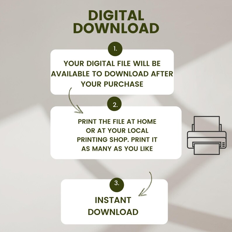 Peut inclure: Un infographique de t&eacute;l&eacute;chargement num&eacute;rique en trois &eacute;tapes&nbsp;: 1. Votre fichier num&eacute;rique sera disponible en t&eacute;l&eacute;chargement apr&egrave;s votre achat. 2. Imprimez le fichier &agrave; la maison ou dans votre imprimerie locale. Imprimez-le autant de fois que vous le souhaitez. 3. T&eacute;l&eacute;chargement instantan&eacute;.