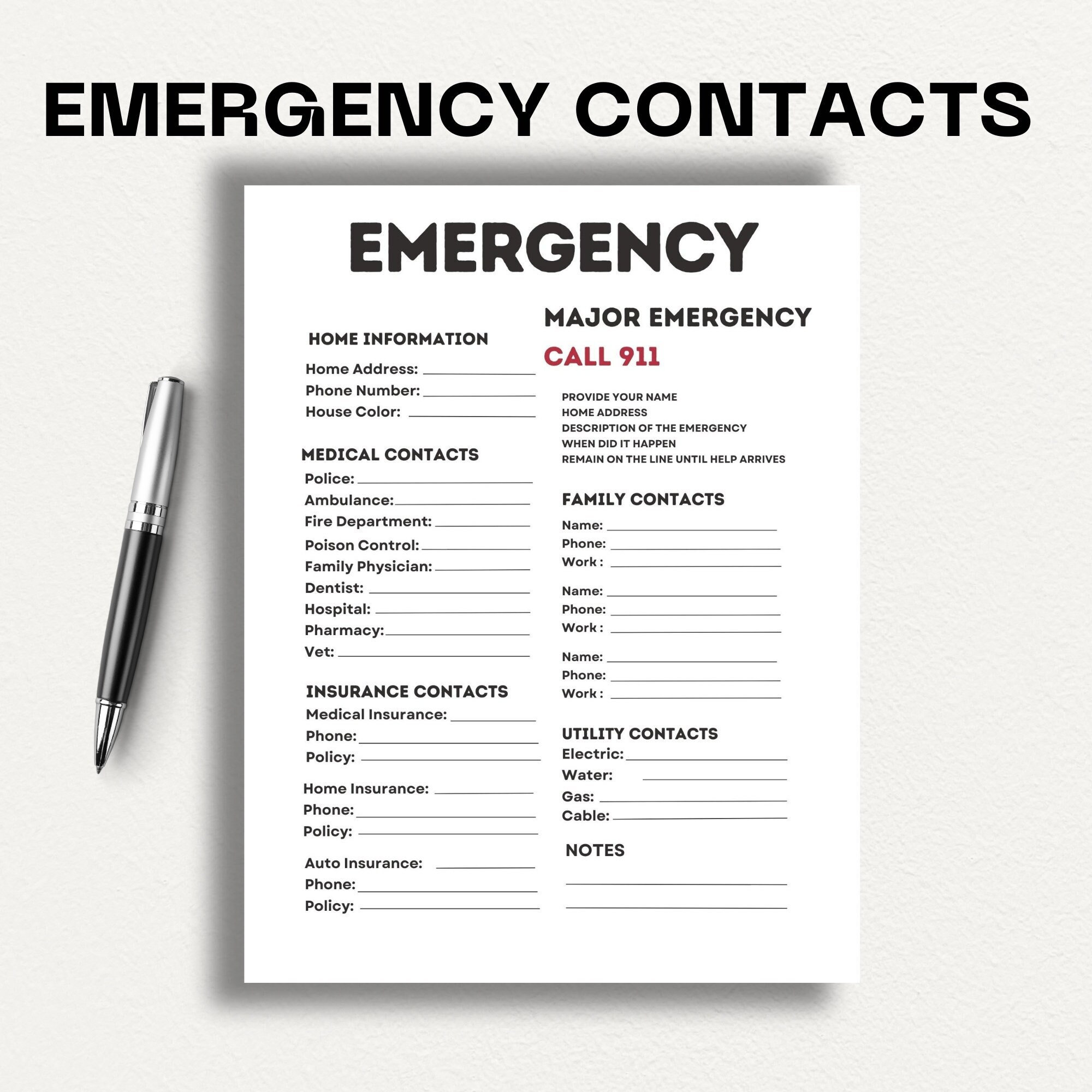 Emergency Contacts, Printable Emergency List,contact Information