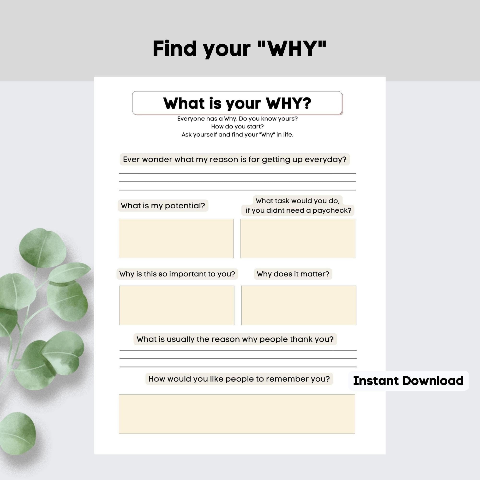 Find your Why|What is your Why?|Printable Journal|Self Growth|Printable Planner|Digital Download