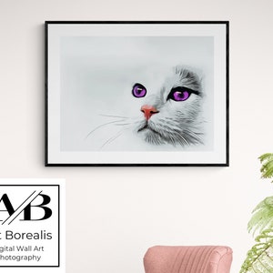 Weiße Katze mit lila Augen, Druckbare Wandkunst, Digitale Malerei, abstrakte Malerei, modernes Design