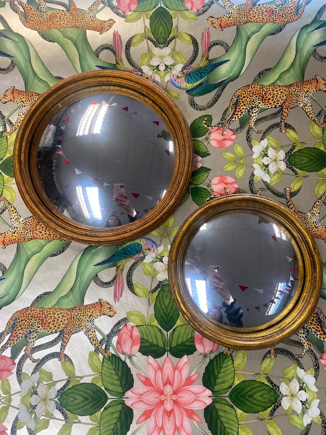 Mirror Bundle Two Round Gold Convex Mirrors Easy to Hang Wall