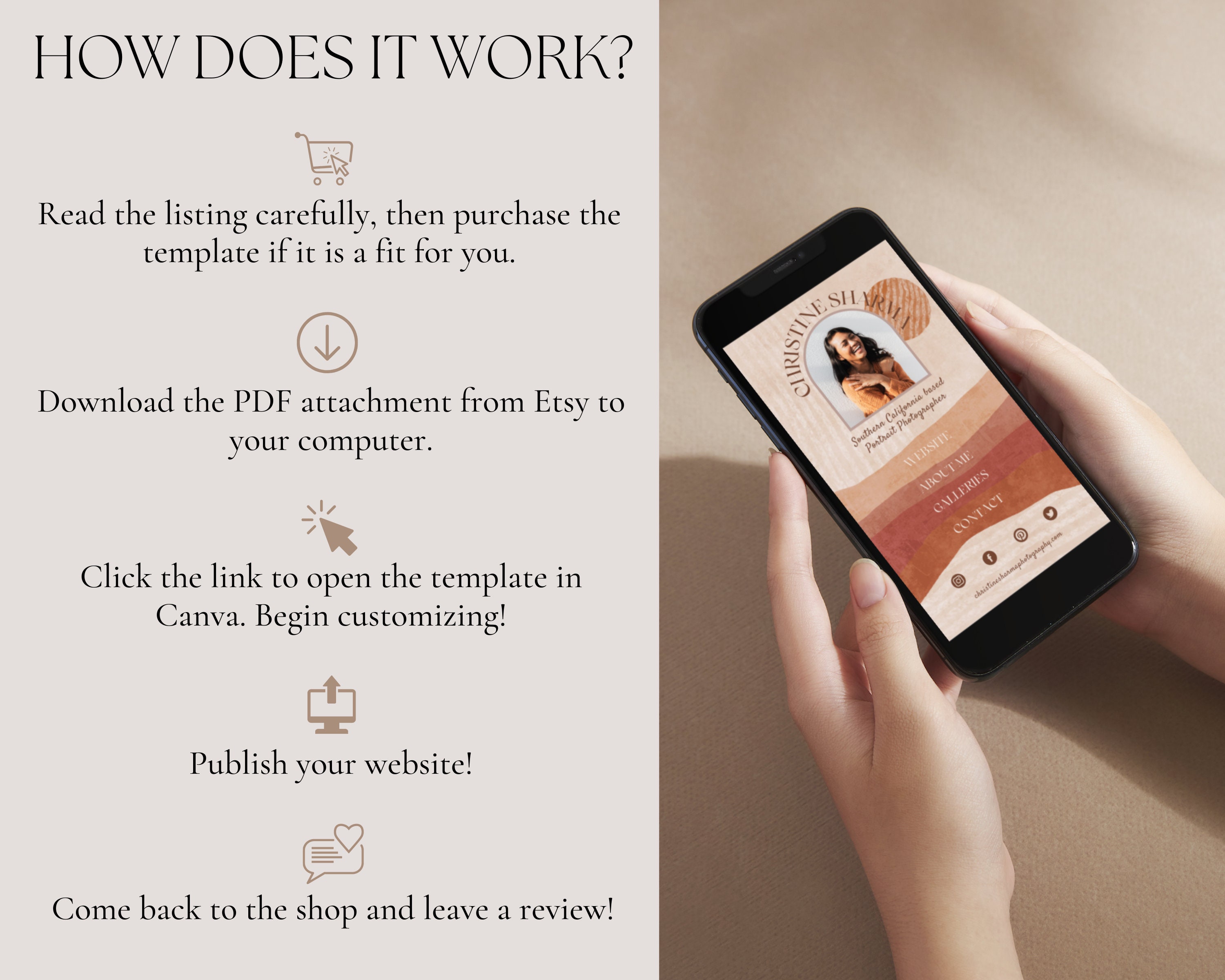 Boho Instagram Bio Link Template for Canva, Photographer Landing Page ...