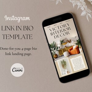 May include: A smartphone screen displaying a link in bio template for Instagram. The template is for an interior design business called "Victory Interior Decor". The template has four pages, with the first page showing a living room with a large orange armchair, a gold side table, and a large plant. The text "Made in Canva" is visible at the bottom of the screen.