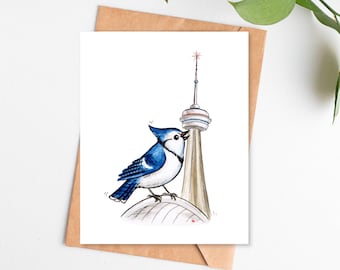 Toronto Blue Jay Greeting Card - watercolor painting, cute cartoon bird art, canada, blue jays baseball, cn tower, toronto christmas card