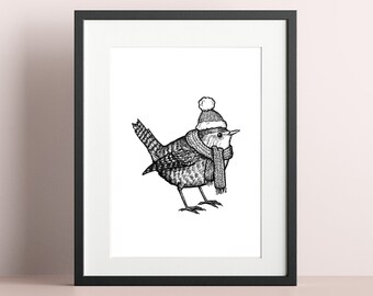 Winter Wren with Santa Hat and Scarf - Winter Birds Art Print 8x10, 8.5x11, 5x7, 4x6 Ink Bird Drawing, Cute, Whimsical, Christmas, Holiday