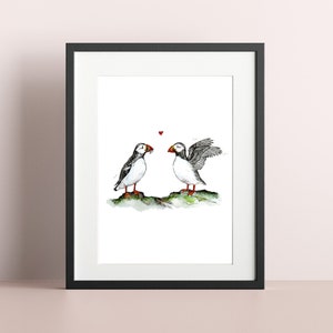 Impresión artística de Frailecillos enamorados: pintura de acuarela de una pareja de frailecillos atlánticos, 8x10, 8.5x11, 5x7, impresión, pareja, arte para el día de San Valentín, día de la madre