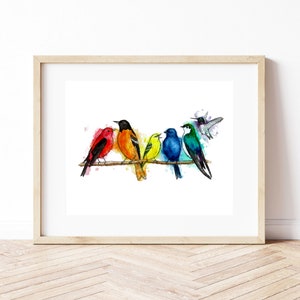 May include: Watercolour painting of seven birds perched on a branch. The birds are painted in a rainbow colour scheme, with a red bird on the left, an orange bird in the middle, and a yellow bird on the right. The other birds are blue, green, and purple. The background is white with watercolour splatters.