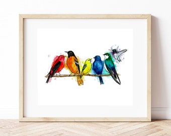 Rainbow Pride Birds - Watercolor Art Print 8x10, 5x7, LGBTQ+ Subtle Pride Art, Queer, Gay Pride, Pride Flag, Lesbian, Bisexual, Bi, Trans