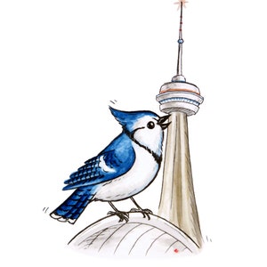 May include: Illustration of a blue jay perched on a structure resembling the CN Tower. The bird is depicted with blue and white feathers, a black beak, and is singing. The tower is beige with a white top and a red and white antenna.
