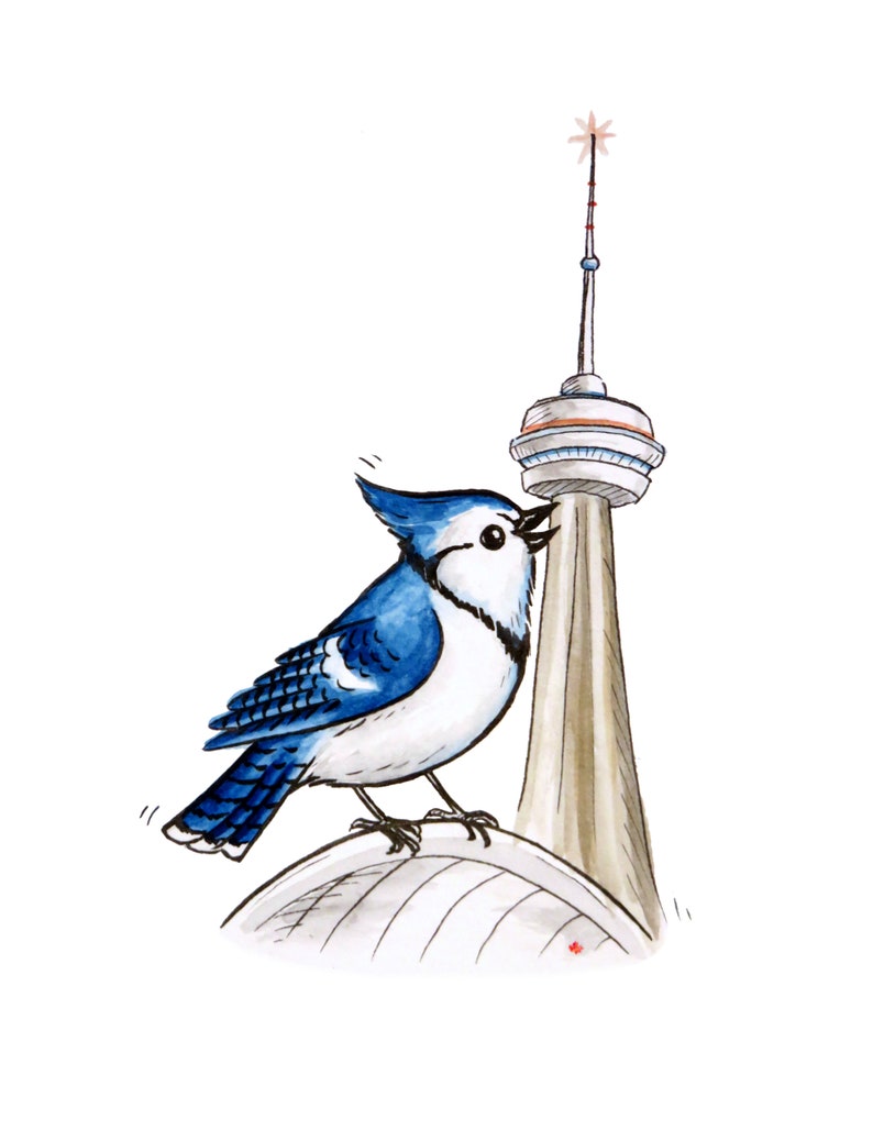 May include: Illustration of a blue jay perched on a structure resembling the CN Tower. The bird is depicted with blue and white feathers, a black beak, and is singing. The tower is beige with a white top and a red and white antenna.
