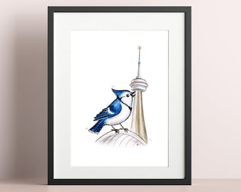 Toronto Blue Jay Watercolour Painting, cute cartoon bird art print 8.5x11", 8x10", 5x7", blue jays, baseball, cn tower, toronto bird, canada