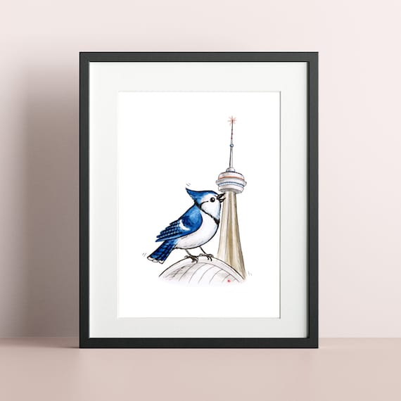 Toronto Blue Jay Watercolour Painting, cute cartoon bird art print 8.5x11", 8x10", 5x7", blue jays, baseball, cn tower, toronto bird, canada