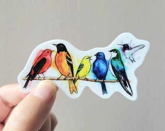 Sticker: Rainbow Pride Birds - 3 x 1,5 inch vinyl, aquarel, LGBTQ+ Pride, Gay Pride, Pride Flag, Lesbian, Bi, Gay, Trans, Queer