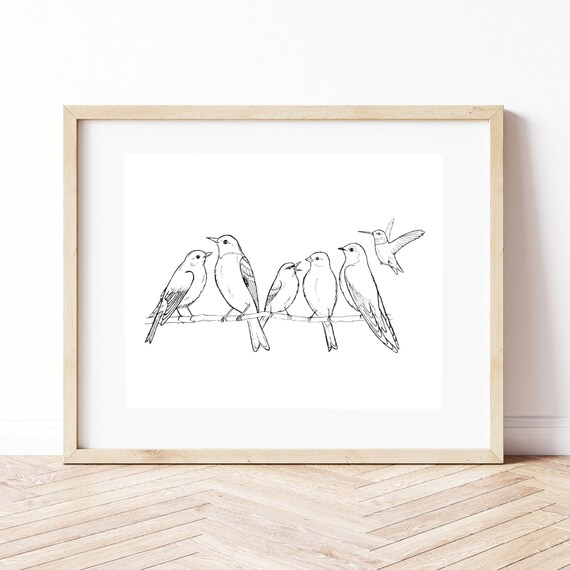 Black &amp; White Birds Coloring Sheet Birds Art Print 8.5x11 - Etsy