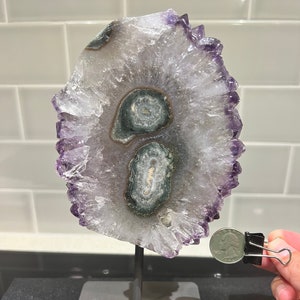 Large Natural High Quality (HQ) Amethyst Stalactite Eye Slice (Uruguay) - 8&quot;x4.5&quot;x1.3&quot; / 2 lbs 9oz/1162g/1.16kg