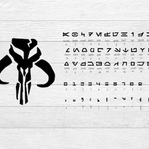 May include: Black and white Mandalorian symbol with a white background. The symbol is a stylized image of a helmet with horns. The image also includes a chart of the Mandalorian alphabet and numbers.