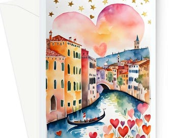 Venice Watercolor Love Card – Gondola & Heart Anniversary, Valentine Design