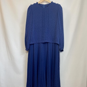 80s Dress - Navy Floral Jacquard Dress - Size S 10 - Vintage Dress - Retro Outfit