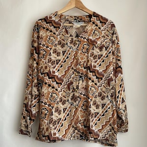 80s Blouse - Beige / Brown / Black Gold Buttoned Blouse - Size S/M - Vintage Blouse - Vintage Top - 80s Shirt