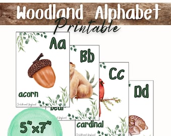 Alphabet sur le thème des bois imprimable | Décoration de salle de classe boisée | Flashcards alphabet sur le thème des bois | Préscolaire imprimable | Élémentaire
