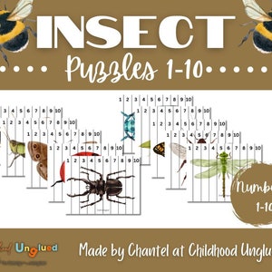 May include: A set of ten printable insect puzzles for kids. Each puzzle has a different insect, such as a grasshopper, butterfly, beetle, and dragonfly. The puzzles are numbered 1-10. The text "INSECT Puzzles 1-10" is at the top of the image. The text "Numbers 1-10" is at the bottom of the image. The text "Made by Chantel at Childhood Unglued" is at the bottom of the image.