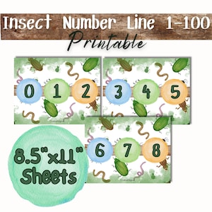 May include: A printable insect-themed number line for educational use. The design features numbers 0-8 in colorful circles, insects, and worms. The text reads "Insect Number Line 1-100 Printable" and "8.5"x11" Sheets".