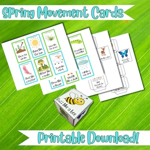 Peut inclure: Cartes de mouvement de printemps imprimables pour les enfants. Les cartes pr&eacute;sentent des illustrations color&eacute;es d'animaux et d'activit&eacute;s, comme une abeille qui bourdonne, un serpent qui rampe et une fleur qui pousse. Les cartes sont con&ccedil;ues pour aider les enfants &agrave; apprendre diff&eacute;rents types de mouvements.