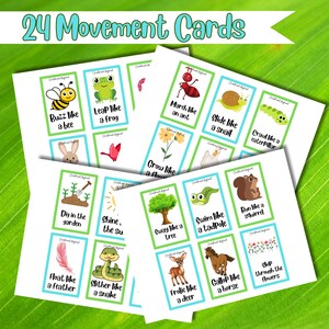 Peut inclure: Un jeu de 24 cartes de mouvement color&eacute;es repr&eacute;sentant diff&eacute;rents animaux et plantes. Chaque carte comporte une image et une phrase comme "Buzz comme une abeille" ou "Nage comme un t&ecirc;tard".