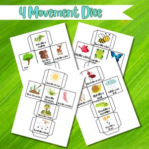 Peut inclure: Deux d&eacute;s de jeu imprimables avec des images d'animaux et de sc&egrave;nes de nature. Chaque d&eacute; a six faces avec diff&eacute;rentes instructions de mouvement, telles que "Nager comme un t&ecirc;tard", "Courir comme un &eacute;cureuil", "Voler comme un oiseau", "Sauter comme une grenouille", "Marcher comme une fourmi", "Glisser comme un escargot", "Barboter comme un canard", "Ramper comme une chenille", "Pousser comme une fleur", "Briller comme le soleil", "Creuser dans le jardin", "Onduler comme l'herbe", "Flottant comme une plume", "Se faufiler comme un serpent", "Sauter comme un agneau", et "Bourdonner comme une abeille".