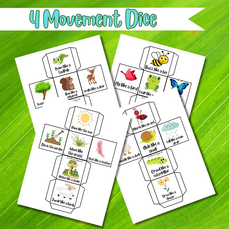 Peut inclure: Deux d&eacute;s de jeu imprimables avec des images d'animaux et de sc&egrave;nes de nature. Chaque d&eacute; a six faces avec diff&eacute;rentes instructions de mouvement, telles que "Nager comme un t&ecirc;tard", "Courir comme un &eacute;cureuil", "Voler comme un oiseau", "Sauter comme une grenouille", "Marcher comme une fourmi", "Glisser comme un escargot", "Barboter comme un canard", "Ramper comme une chenille", "Pousser comme une fleur", "Briller comme le soleil", "Creuser dans le jardin", "Onduler comme l'herbe", "Flottant comme une plume", "Se faufiler comme un serpent", "Sauter comme un agneau", et "Bourdonner comme une abeille".