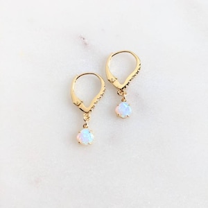 18k Gold Pave Lever Back Earrings With Opal Charms