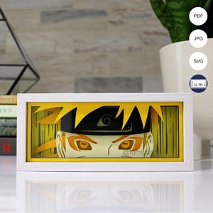 May include: A white frame with a yellow background and a papercraft image of a character with yellow hair and orange eyes. The character is wearing a black headband with a red swirl design. The image is titled "@lumicrafts".