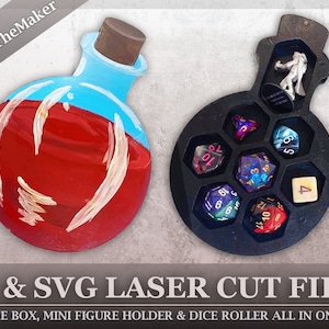 May include: A black laser-cut dice box shaped like a potion bottle with a removable lid. The lid has a compartment for a miniature figure. The box has seven compartments for dice, and a separate compartment for a d4 die. The box is designed to be used with role-playing games.