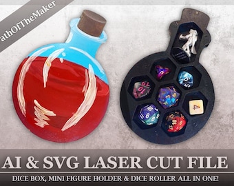 SVG file Potion bottle dice box, RPG miniature holder, Dice roller, Glowforge file,
