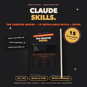 May include: A digital product guide titled CLAUDE SKILLS. THE CREATOR ENGINE - 15 INSTALLABLE SKILLS + GUIDE. The black cover features a terminal interface graphic, lists of skills like hook-writer, and buttons for ZIP + PDF, INSTALL IN 2 MIN, and INSTANT DOWNLOAD.