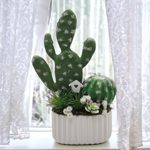 Artificial cactus in unique ceramic pot, artificial succulent, cactus arrangement, realistic fake plants, fake botanical decor rock garden,