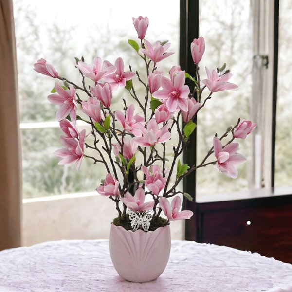 24 inches pink Real Touch artificial magnolia in a ceramic pot, spring decoration, artificial magnolia, lifelike magnolia,magnolia flower