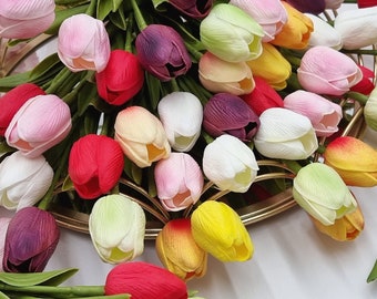 10 tulipes au toucher réel, 9 couleurs, tulipe de 33 cm (13 po.), grande composition florale de tulipes, centre de table, composition florale de tulipes