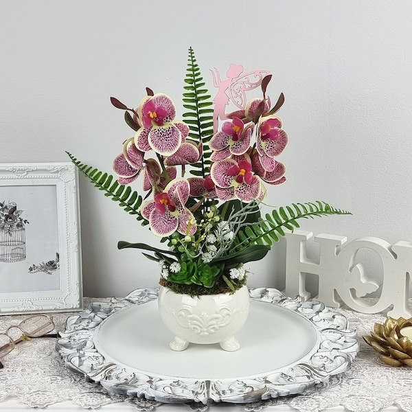 12" Artificial Flowers Arrangement Centerpiece Faux Butterfly Phalaenopsis Orchid Real Touch in Stainless Steel Vase Home Décor Mom’s Day,