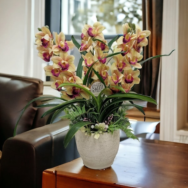 Arreglo de orquídeas Cymbidium Real Touch de 24"/60 cm en un jarrón más blanco. Cabezas de flores de orquídeas de seda detalladas, exhibición floral de lujo de plantas falsas