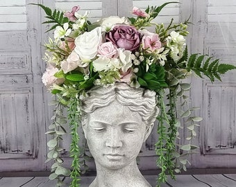 Roman Venus Head Planter: Silk Flower Arrangement, Ceramic Statue (16 inch)
