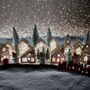 Handmade Wooden Christmas Village House Set with LED Lights