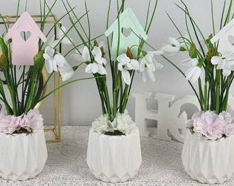 Real Touch Artificial snowdrop floral arrangement, Spring decor for home kitchen Table, Faux snowdrops display with handpainted pot for gift