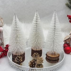 Könnte beinhalten: Drei weiße Flaschenbürsten-Weihnachtsbäume auf einem silbernen Tablett mit Tannenzapfen. Die Bäume stehen auf Holzsockeln.
