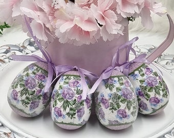 Handmade Easter Egg Ornament Set: Shabby Chic Purple Rose Decor