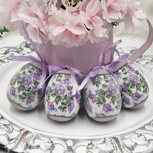 Handmade Easter Egg Ornament Set: Shabby Chic Purple Rose Decor