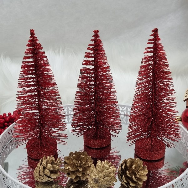 6 inches (15 cm) Sparkling red Christmas trees, Christmas decorations, Christmas home, Miniature Christmas trees, bottle brush trees
