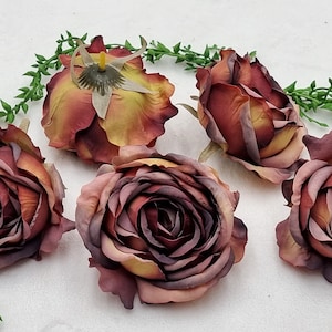 5 Piece Silk Rose Heads: 3.6&quot; Vintage Brownish-Red Artificial Flowers