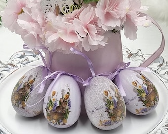 Set di uova di Pasqua fatte a mano: decorazioni a forma di coniglietto e fiori, set da 4