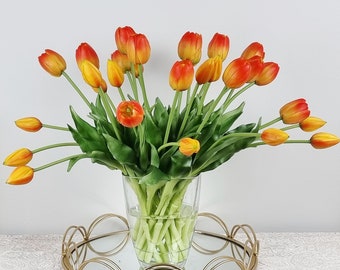 Orange Real Touch Tulips: 15" Wedding Centerpiece, Faux Floral Bouquet